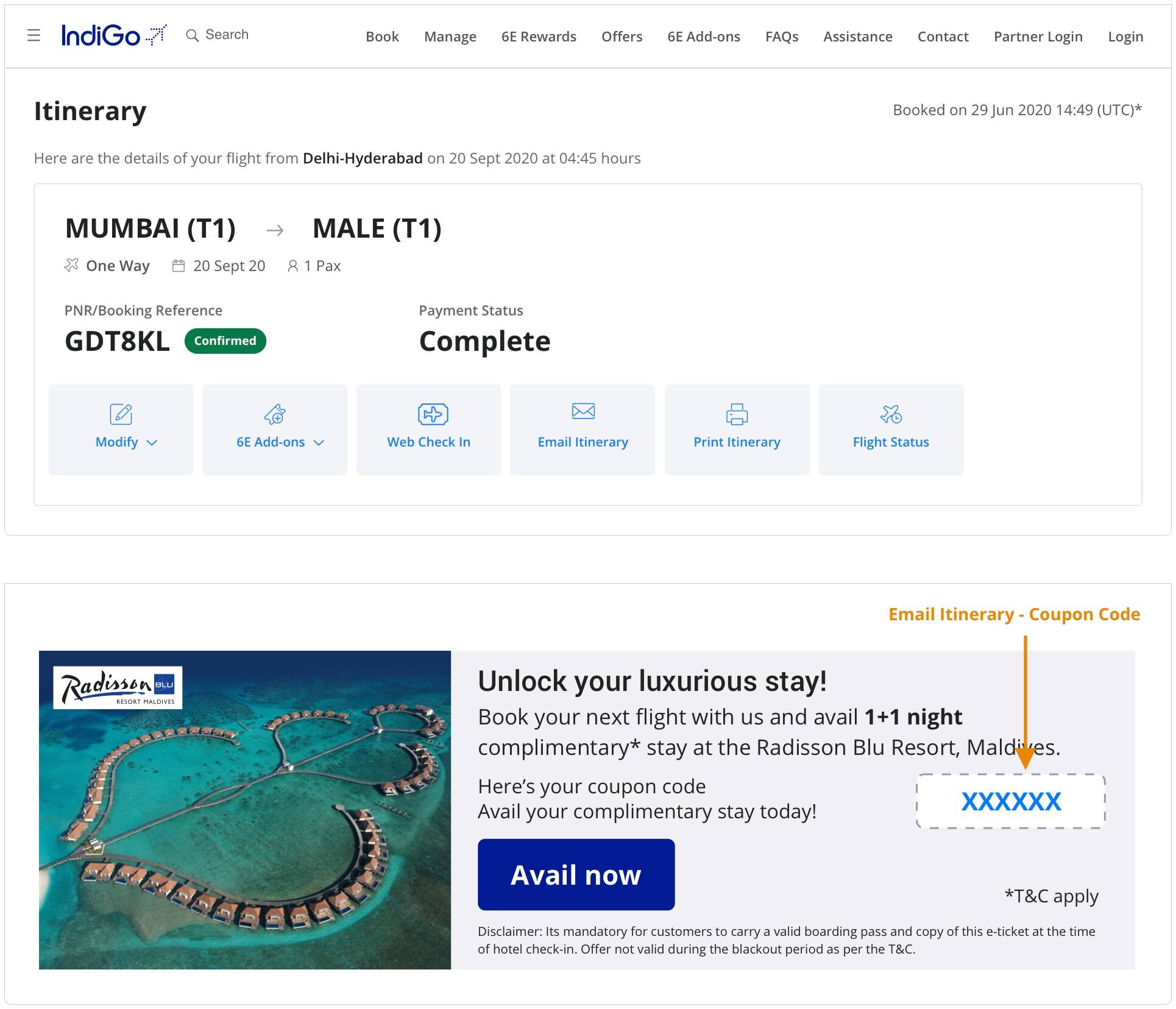 1+1 complimentary night at the Radisson Blu Resort, Maldives IndiGo