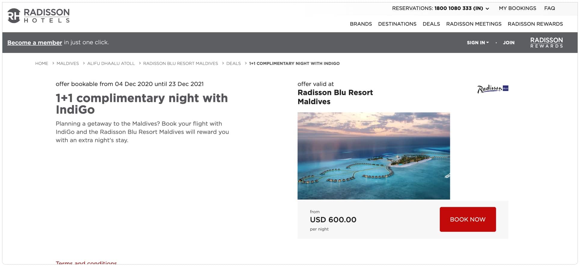 1+1 complimentary night at the Radisson Blu Resort, Maldives IndiGo